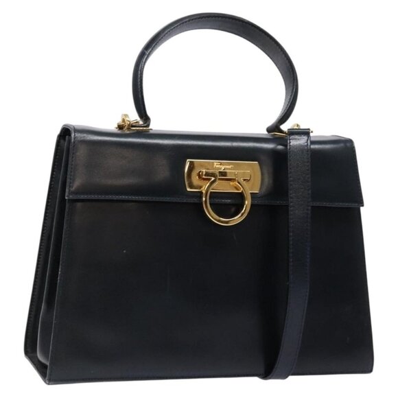 Salvatore Ferragamo Handbags - Salvatore Ferragamo Gancini Hand Bag Leather 2way Navy Gold Auth